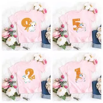 Детская футболка на день рождения, футболка с милым единорогом, цифра 1–9, футболка для девочек с героями мультфильмов, летние топы для маленьких детей, детская футболка в стиле каваи, одежда 12M(80)