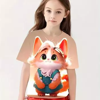 Детская футболка с 3D-кошкой Детская одежда Футболки для девочек Одежда для девочек 2024 Летний детский топ для девочек с рисунком для подростков Мода 100