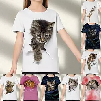Детская футболка с 3D котом для девочек, футболка с короткими рукавами и изображением кота, Радужные детские топы, активные милые От 3 до 12 лет 100