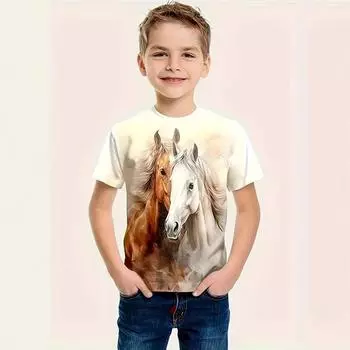 Детская футболка с 3D-принтом, детская футболка с 3D-цифровой печатью и рисунком лошади, летняя спортивная футболка с короткими рукавами и круглым вырезом 110