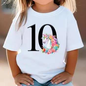Детская футболка с цифрами на день рождения 1-10, рубашка с единорогом, летние топы для девочек на день рождения, белые футболки с короткими рукавами, детская праздничная одежда 2T(90cm)