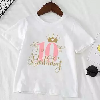Детская футболка с цифрами на день рождения от 1 до 10, футболка с короной, летние топы для девочек на день рождения, белые футболки с коротким рукавом, детская одежда для вечеринок 4T(110cm)