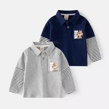 Детская футболка с длинными рукавами, осень 2023, базовые топы с искусственным воротником-поло для мальчиков 90cm