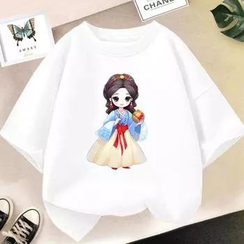 Детская футболка с героями мультфильмов для девочек, футболка принцессы для девочек в китайском стиле, одежда, детские футболки с рисунком каваи 6T(130cm)