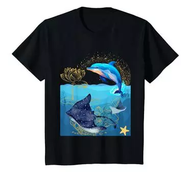 Детская футболка с изображением дельфина и ската с цветком лотоса чёрный