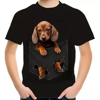 Детская футболка с изображением собаки в кармане, 3D-принт, футболка для мальчика, топы для мальчиков и девочек, футболки с коротким рукавом, детская одежда, футболка с рисунком для мальчика 4-5Y