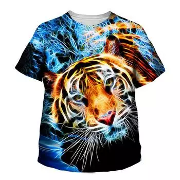 Детская футболка с изображением тигра, забавные крутые футболки с 3D-принтом, летние повседневные футболки с круглым вырезом для мальчиков и девочек 170