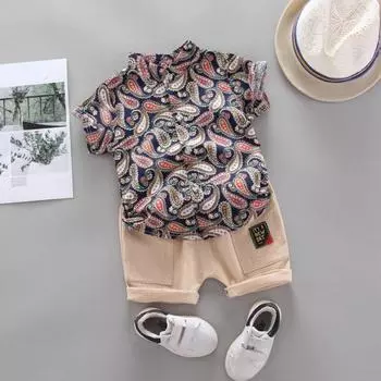Детская футболка с короткими рукавами и цветочным узором для маленьких мальчиков, блузка + шорты, повседневный комплект одежды L/100