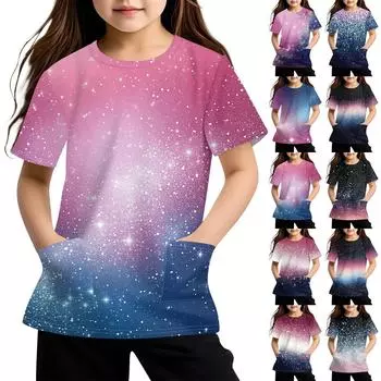 Детская футболка с короткими рукавами и карманами, повседневная футболка с принтом, круглый вырез, блузка-пуловер 100 чёрный