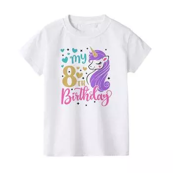 Детская футболка с короткими рукавами с принтом единорога, детские летние футболки для девочек на день рождения, размер 1-8 лет, детская праздничная одежда, футболки, топы 90cm