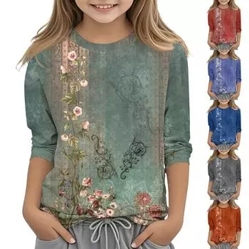 Детская футболка с круглым вырезом и принтом, рукава 3/4, повседневная футболка 160 зелёный