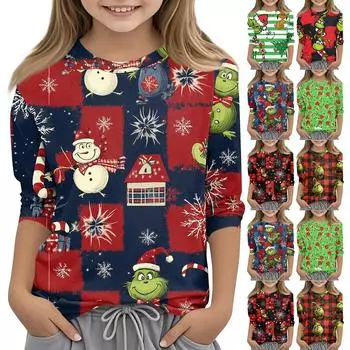 Детская футболка с круглым вырезом и рукавом 3/4, цветной принт, повседневная футболка 110 темно-зеленого