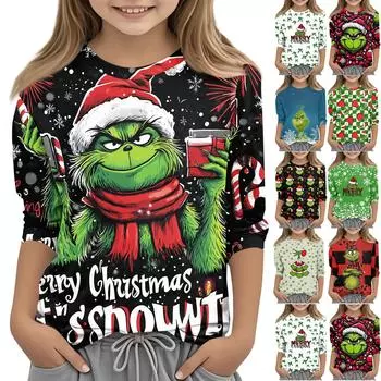 Детская футболка с круглым вырезом и рукавом 3/4, цветной принт, повседневная футболка 110 чёрный