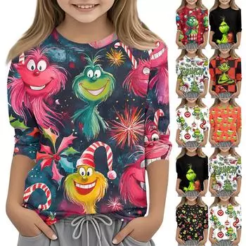 Детская футболка с круглым вырезом и рукавом 3/4, цветной принт, повседневная футболка 110 чёрный