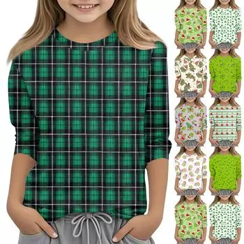 Детская футболка с круглым вырезом и рукавом 3/4, цветной принт, повседневная футболка 110 темно-зеленого