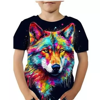 Детская футболка с крутым принтом волка, футболка для мальчиков, одежда с 3D-принтом, футболки с коротким рукавом для девочек, повседневная черная летняя детская одежда 170