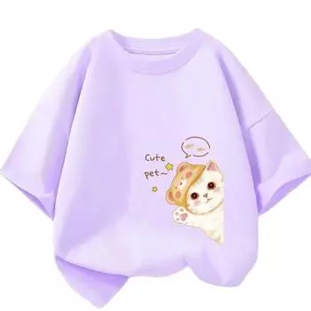 Детская футболка с милым котом и домашним животным, модная летняя милая повседневная футболка для девочек с короткими рукавами, детская футболка с мультяшным рисунком 2T(90cm)