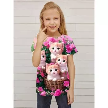 Детская футболка с милым рисунком кота, летняя, для девочек, дышащая, с короткими рукавами, высококачественный топ, подарок на день рождения 100