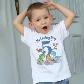 Детская футболка с принтом динозавра на день рождения, одежда на день рождения для детей от 1 до 12 лет, топы для мальчиков, наряды для тематической вечеринки с динозавром, детская рубашка с короткими рукавами 4T(110cm)