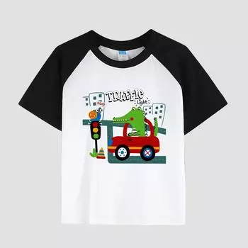 Детская футболка с принтом и заниженной линией плеч, хлопковая ткань, повседневный модный топ с коротким рукавом для мальчиков на лето 100cm