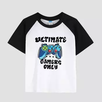 Детская футболка с принтом и заниженной линией плеч, хлопковая ткань, повседневный модный топ с коротким рукавом для мальчиков на лето 100cm