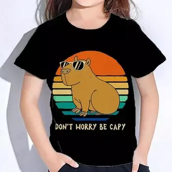 Детская футболка с принтом капибары Белые футболки Детские футболки с рисунком Летняя одежда для мальчиков с круглым вырезом Детская футболка с модным рисунком для детей 100