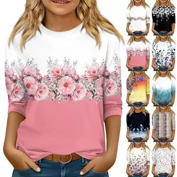 Детская футболка с рукавом 3/4, повседневная футболка с принтом, круглый вырез, блузка-пуловер 110 чёрный