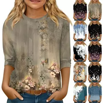 Детская футболка с рукавом 3/4, повседневная футболка с принтом, круглый вырез, блузка-пуловер 160