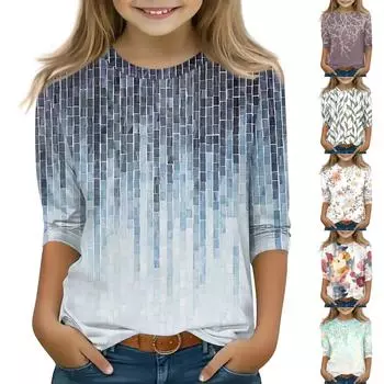 Детская футболка с рукавом 3/4, повседневная футболка с принтом, круглый вырез, блузка-пуловер 130