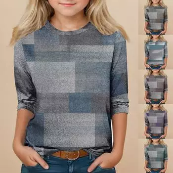 Детская футболка с рукавом 3/4, повседневная футболка с принтом, круглый вырез, блузка-пуловер 110 синий