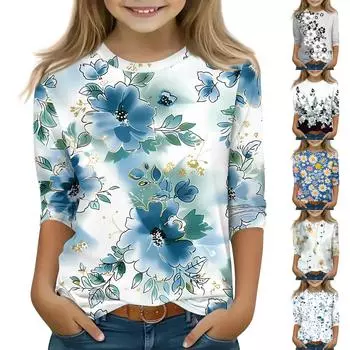 Детская футболка с рукавом 3/4, повседневная футболка с принтом, круглый вырез, блузка-пуловер 110 синий