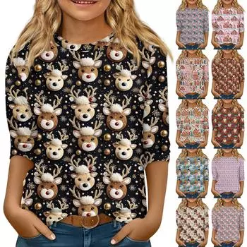 Детская футболка с рукавом 3/4, повседневная футболка с принтом, круглый вырез, блузка-пуловер 110 бежевый