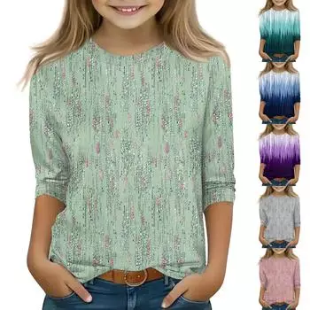 Детская футболка с рукавом 3/4, повседневная футболка с принтом, круглый вырез, блузка-пуловер 140