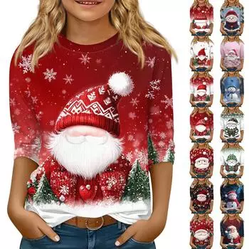 Детская футболка с рукавом 3/4, повседневная футболка с принтом, круглый вырез, блузка-пуловер 150 синий