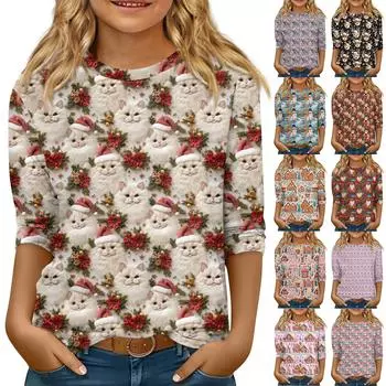 Детская футболка с рукавом 3/4, повседневная футболка с принтом, круглый вырез, блузка-пуловер 140 синий