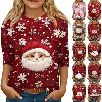 Детская футболка с рукавом 3/4, повседневная футболка с принтом, круглый вырез, блузка-пуловер 110