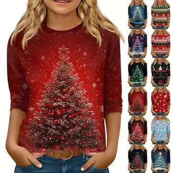 Детская футболка с рукавом 3/4, повседневная футболка с принтом, круглый вырез, блузка-пуловер 120 синий