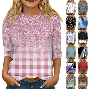 Детская футболка с рукавом 3/4, повседневная футболка с принтом, круглый вырез, блузка-пуловер 130 коричневый