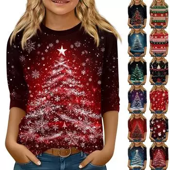 Детская футболка с рукавом 3/4, повседневная футболка с принтом, круглый вырез, блузка-пуловер 150 чёрный