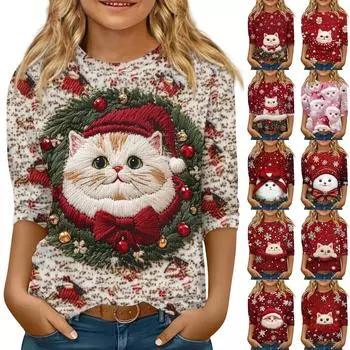 Детская футболка с рукавом 3/4, повседневная футболка с принтом, круглый вырез, блузка-пуловер 160 красный