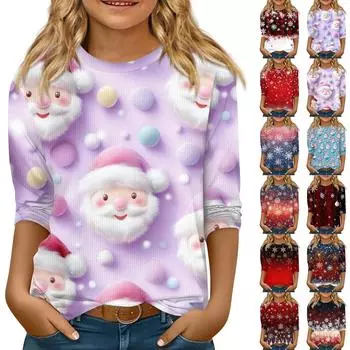 Детская футболка с рукавом 3/4, повседневная футболка с принтом, круглый вырез, блузка-пуловер 120