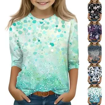 Детская футболка с рукавом 3/4, повседневная футболка с принтом, круглый вырез, блузка-пуловер 110 чёрный