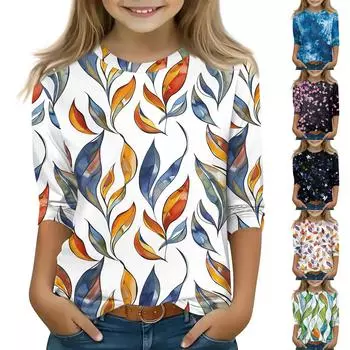 Детская футболка с рукавом 3/4, повседневная футболка с принтом, круглый вырез, блузка-пуловер 110 чёрный