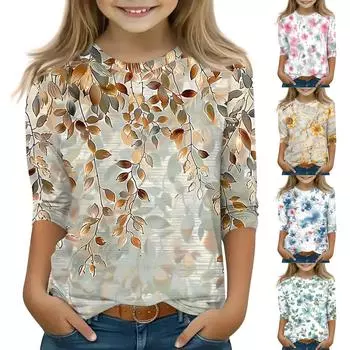 Детская футболка с рукавом 3/4, повседневная футболка с принтом, круглый вырез, блузка-пуловер 110 светло-коричневого