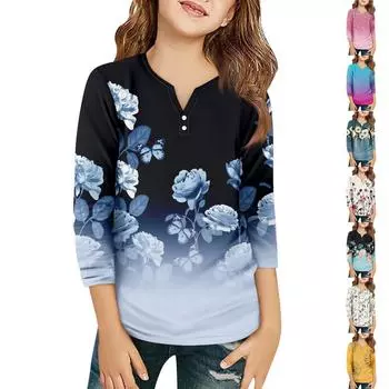 Детская футболка с рукавом 3/4, повседневная футболка с принтом, круглый вырез, блузка-пуловер 130 чёрный