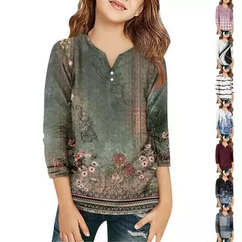 Детская футболка с рукавом 3/4, повседневная футболка с принтом, круглый вырез, блузка-пуловер 110