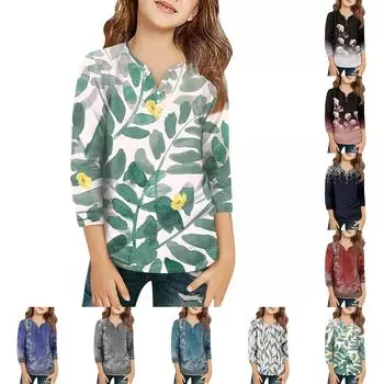 Детская футболка с рукавом 3/4, повседневная футболка с принтом, круглый вырез, блузка-пуловер 110 чёрный