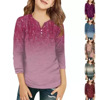 Детская футболка с рукавом 3/4, повседневная футболка с принтом, круглый вырез, блузка-пуловер 110 синий