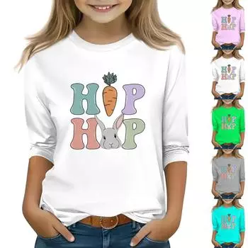 Детская футболка с рукавом 3/4, повседневная футболка с принтом, круглый вырез, блузка-пуловер 130 циан