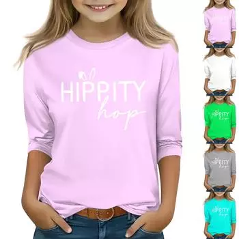 Детская футболка с рукавом 3/4, повседневная футболка с принтом, круглый вырез, блузка-пуловер 130 циан